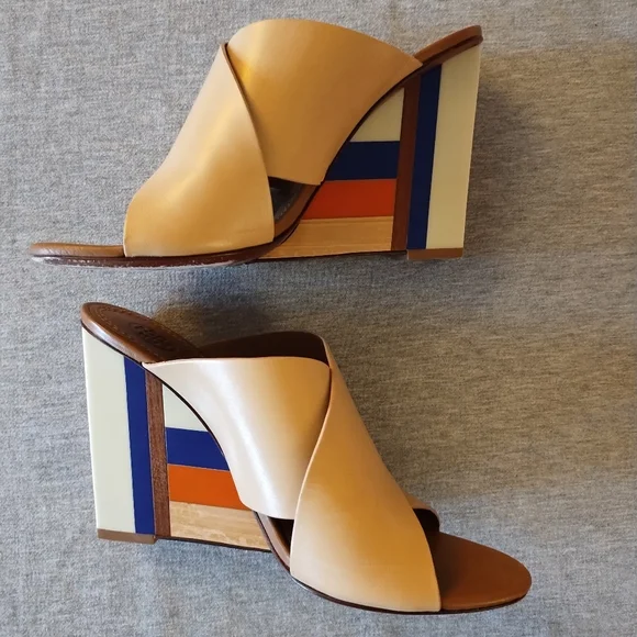 Tory Burch Color Cube 100mm Mule Sandals - Veg Nappa in Sun Beige - Size 8 - Picture 1 of 15